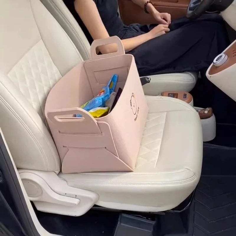 Pink Foldable Car Storage Bin - Cute Bear Pattern Fabric Organizer for Vehicle Essentials