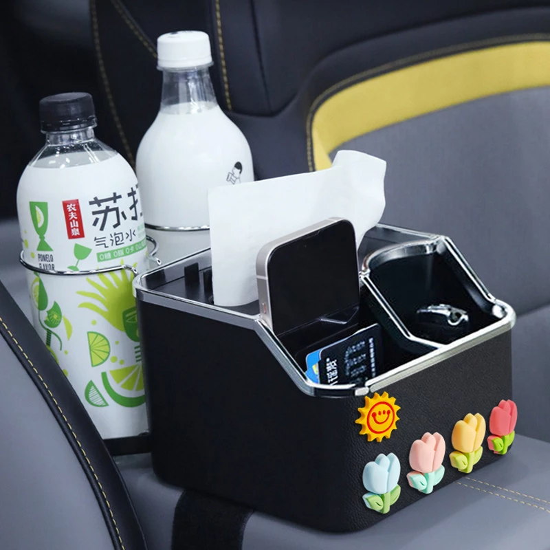 Black Car Multi-Function Organizer - Tissue Holder, Cup Holder & Storage Compartment with Decorative Embellishments