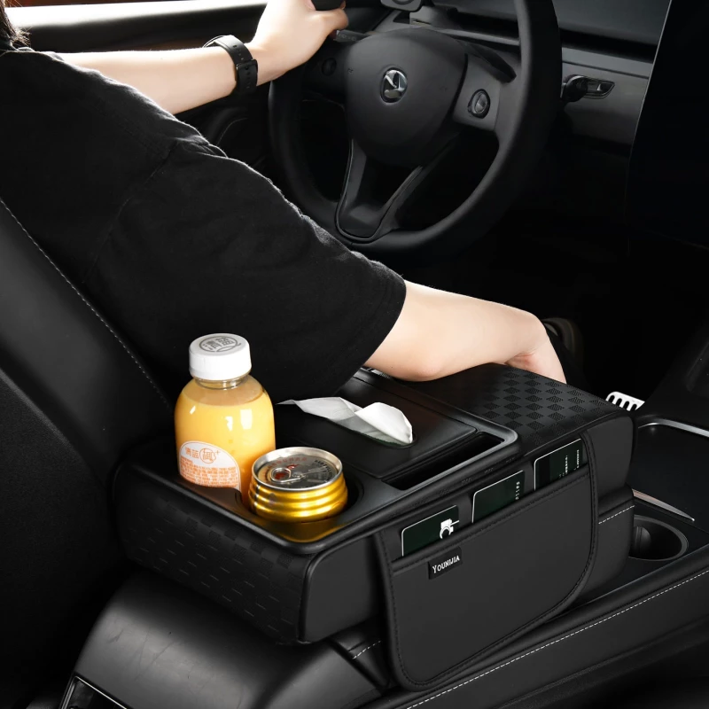 Black Car Seat Gap Organizer - Leatherette Multi-Function Storage Holder with Cup & Phone Slots