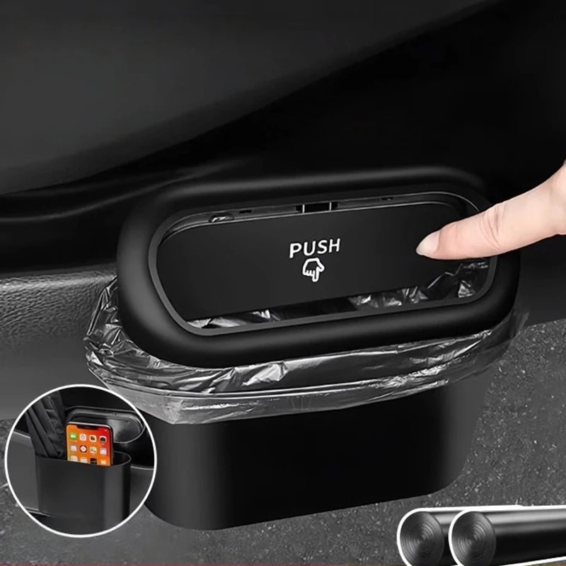 Black Car Trash Can - Push-Open ABS Plastic Bin with Phone Slot Vehicle Accessory