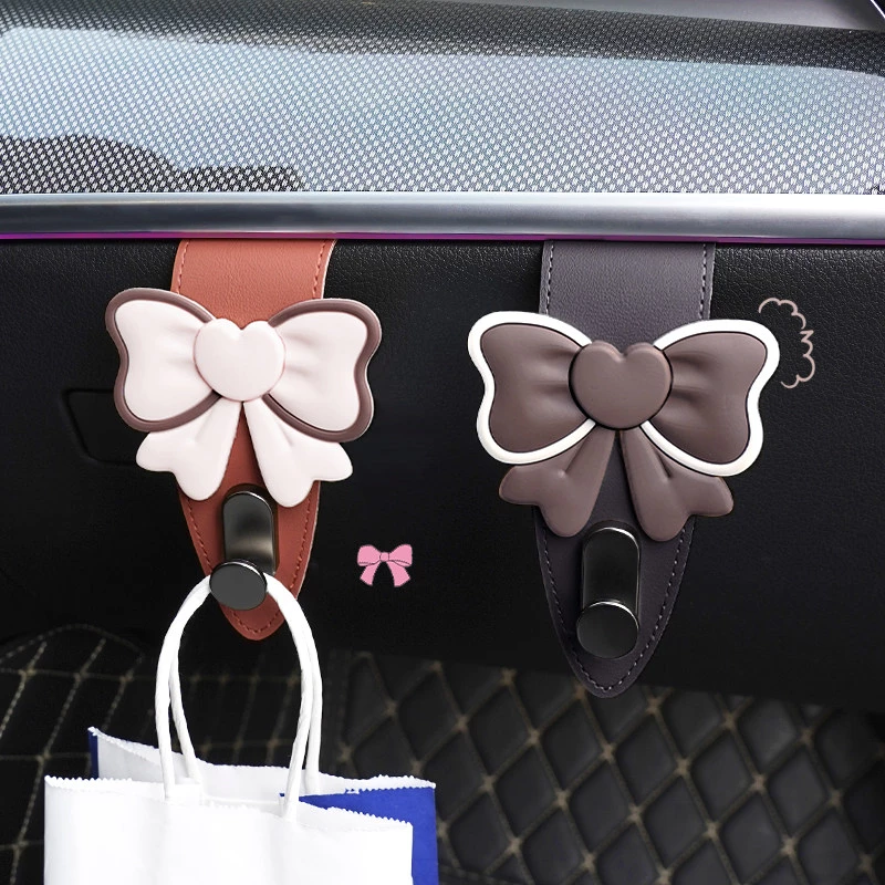 Bowknot Design Car Hook Set - Leatherette & Plastic Vehicle Interior Bag Hooks