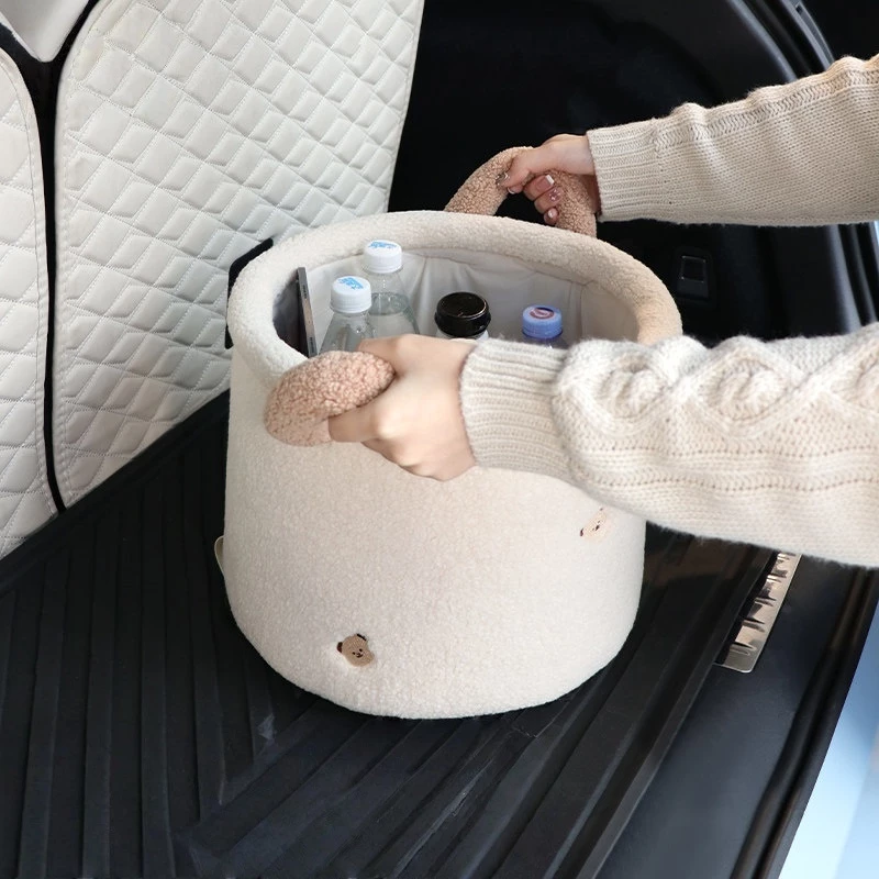 Beige Sherpa Car Storage Bucket - Soft Fabric Organizer with Handle