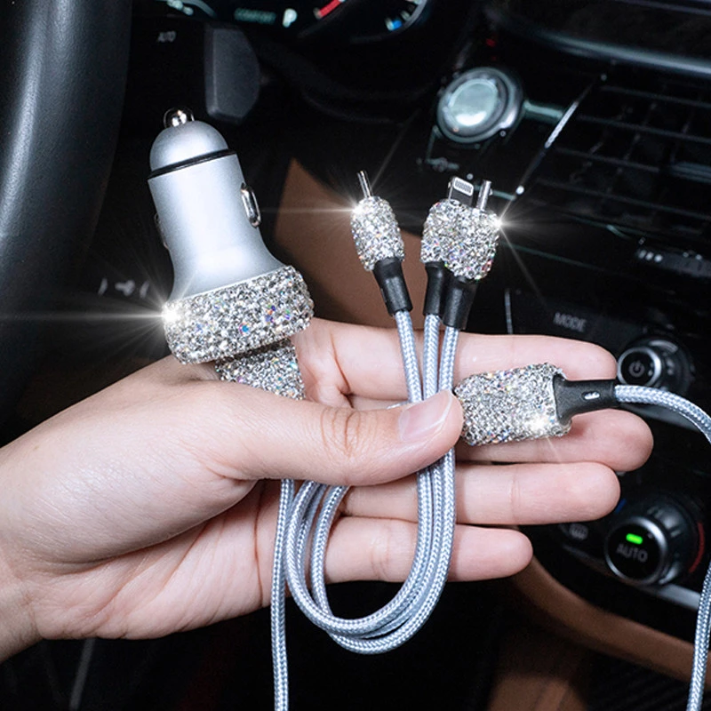 Silver Car Charger & Cable Set - USB Charger with Artificial Rhinestone Decor
