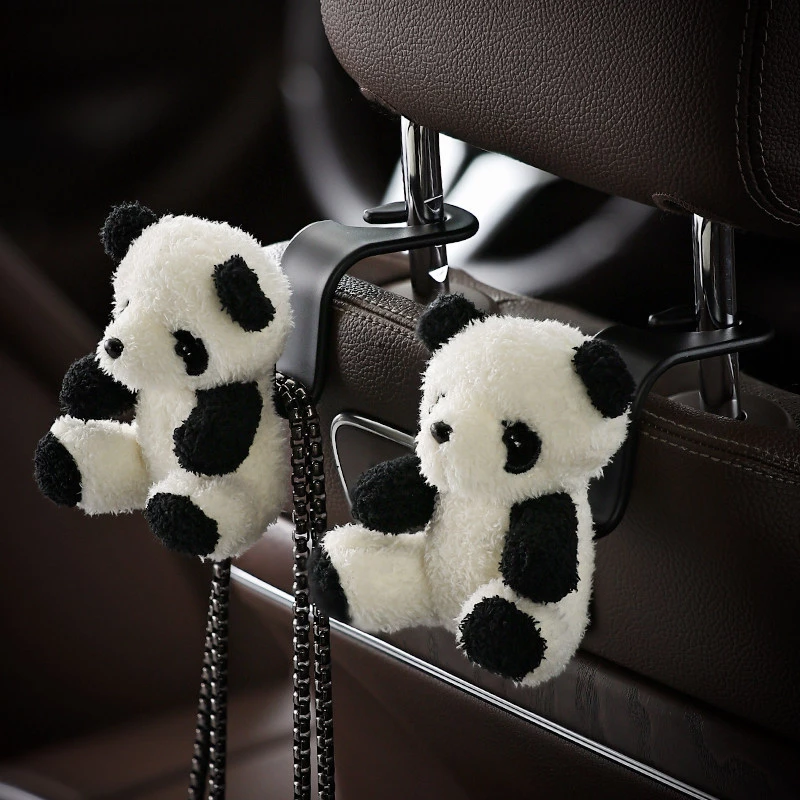 Cute Panda Plush Car Seat Hooks - 2-Pack Fabric & Plastic Organizer