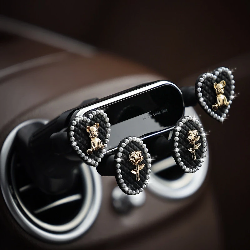 Bear & Rose Decor Car Phone Holder - Artificial Crystal & Electroplated Air Vent Mount