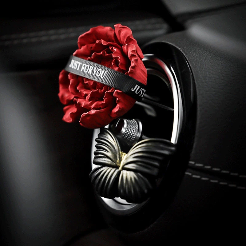 Red Flower & Butterfly Car Air Vent Clip - Fabric & Electroplated Decor Accessory