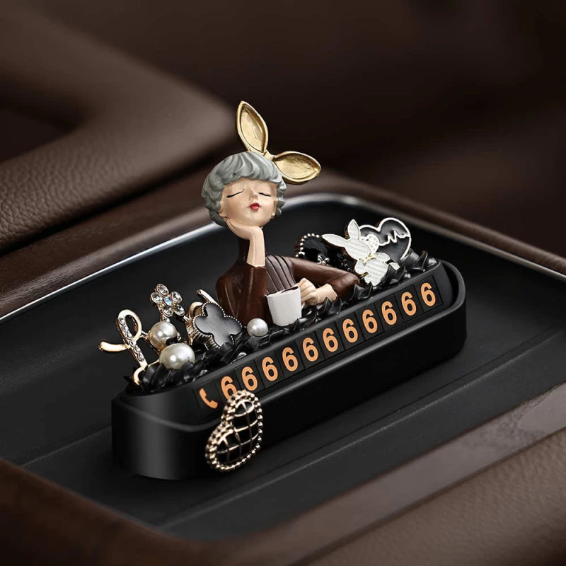 Lady Figurine Car Parking Sign - ABS Plastic & Electroplated Decor Phone Number Organizer
