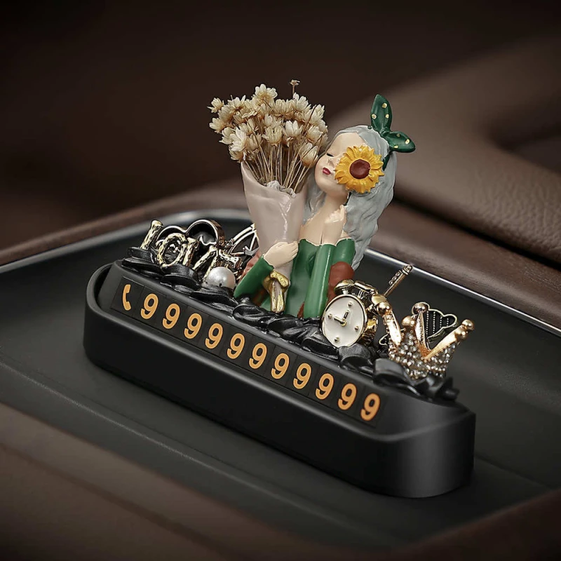 Floral Lady Figurine Car Parking Sign - ABS Plastic & Artificial Crystal Decor Organizer