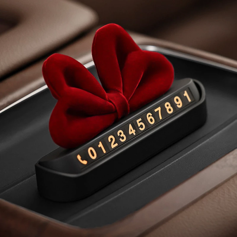 Red Velvet Bow Car Parking Sign - ABS Plastic Decor Phone Number Organizer