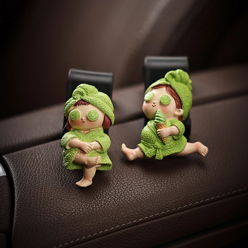 Cute Green Bathrobe Doll Car Seat Gap Fillers (2-Pack) – Resin Decorative Car Interior Accessories