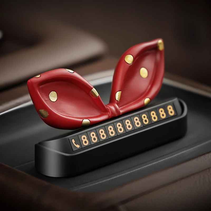 Red Bow Car Parking Card – ABS Plastic & Gold-Tone Accents, Adjustable Phone Number Display Accessory