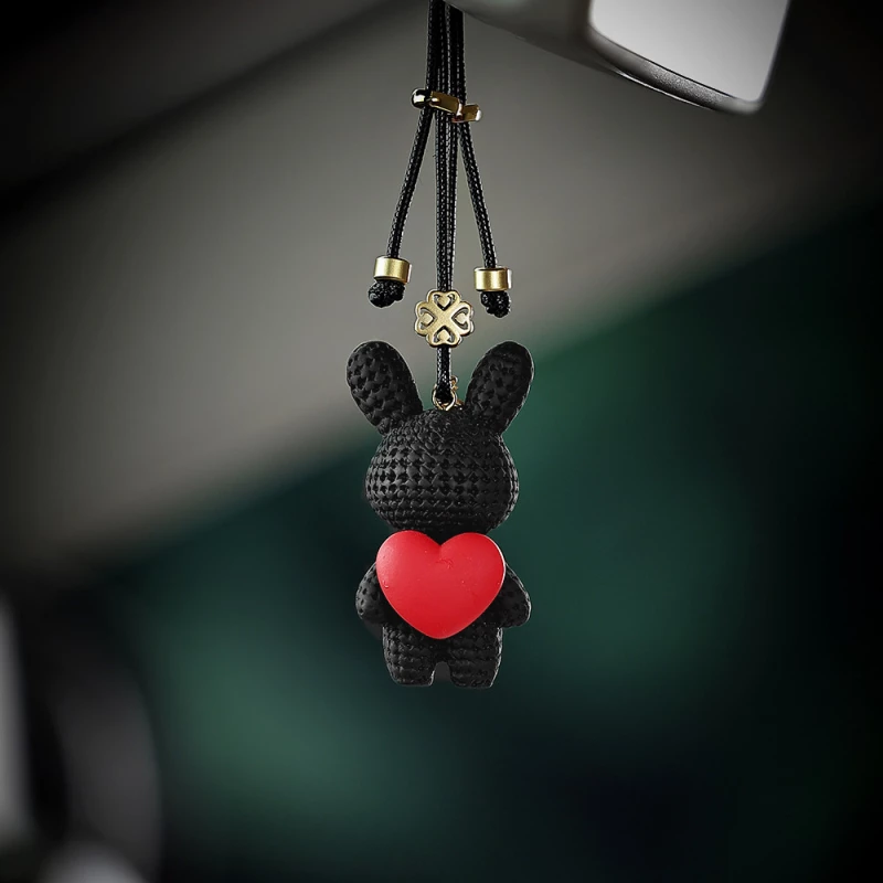Black Bunny Car Hanging Ornament – Leatherette & Gold-Tone Accents, Red Heart Decorative Vehicle Accessory
