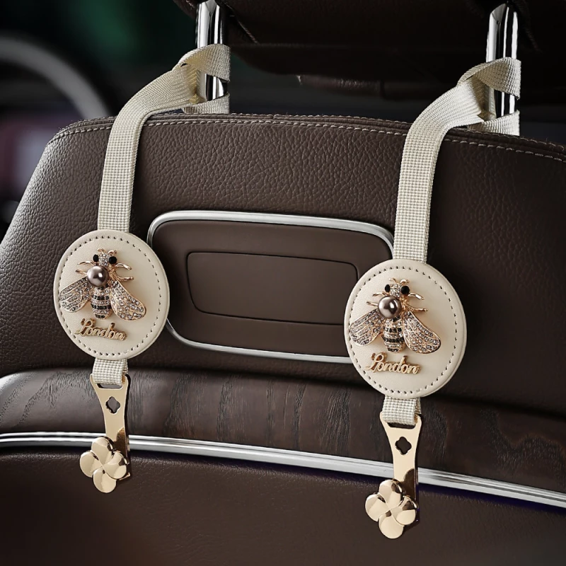 Bee Decor Car Seat Hooks (2-Pack) – Leatherette & Gold-Tone Alloy, Seat Back Hanging Organizer Accessories