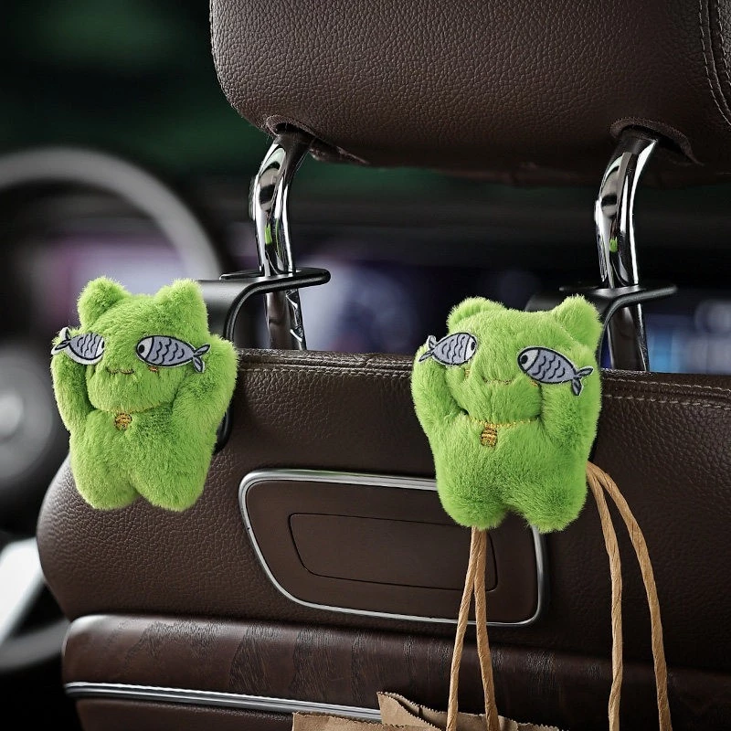 Cute Green Frog Plush Car Seat Back Hooks - Soft Fuzzy Fabric Vehicle Organizer (2-Pack)