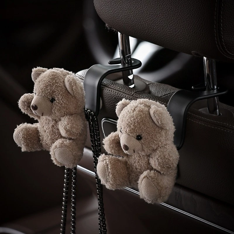 Cute Teddy Bear Plush Car Seat Back Hooks - Soft Fabric Vehicle Organizer (2-Pack)