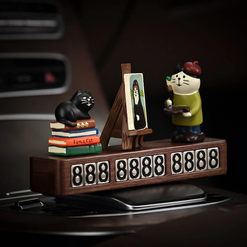 Mona Lisa Cat Car Temporary Parking Sign - ABS Plastic & Wood-Effect Vehicle Phone Number Holder