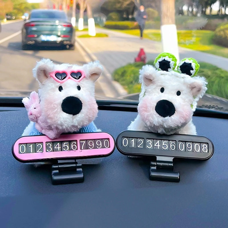 Plush Puppy Car Parking Card Set (2-Pack) – Faux Fur & ABS Plastic, Adjustable Phone Number Display Accessories