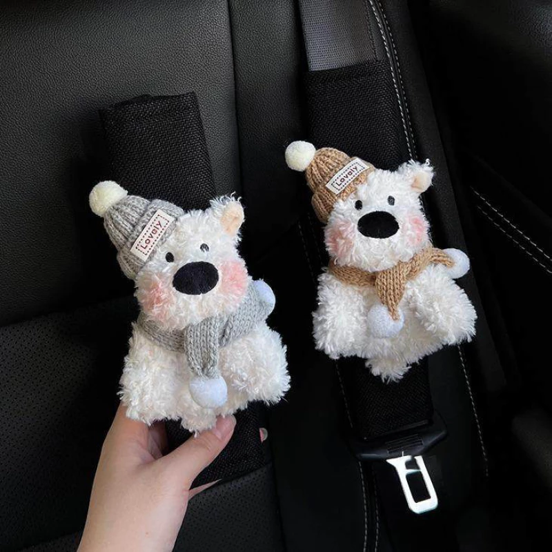 Plush Bear Car Seat Belt Pads (2-Pack) – Soft Faux Fur & Knitted Accents, Comfort Vehicle Interior Accessories