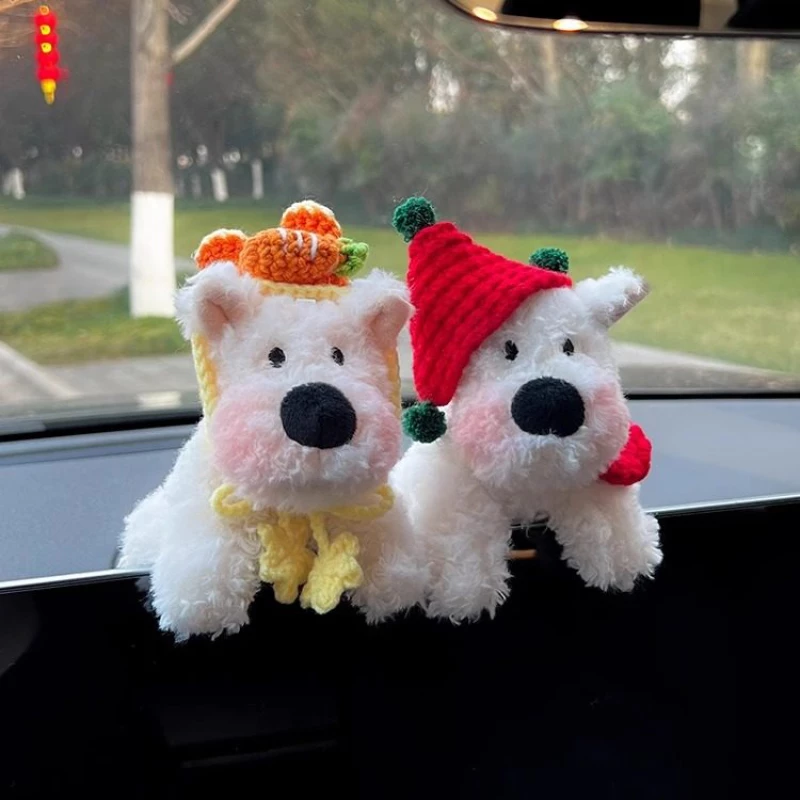 Plush Puppy Car Dashboard Ornament Set (2-Pack) – Soft Faux Fur & Knitted Accents, Decorative Vehicle Interior Accessories