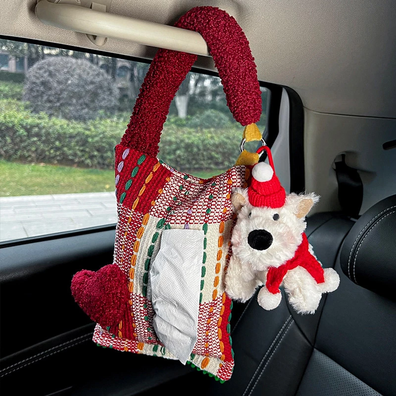 Knitted Car Tissue Holder with Plush Puppy – Woven Fabric & Faux Fur, Hanging Vehicle Interior Organizer
