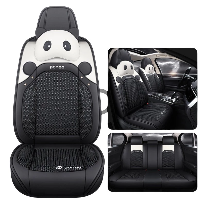 Cute Panda Design Full Set Car Seat Covers - Breathable Mesh & Leatherette Auto Interior Protectors