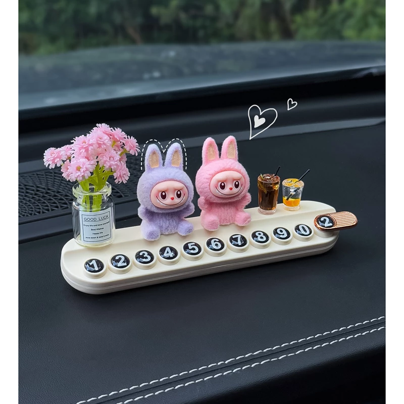 Cute Bunny Car Parking Card Set – ABS Plastic & Faux Fur, Adjustable Phone Number Display + Decorative Accents