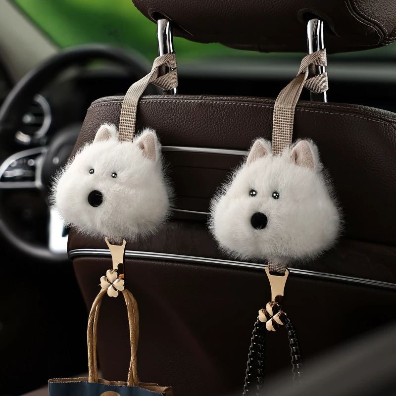 Plush Puppy Car Seat Hooks (2-Pack) – Faux Fur & Alloy Hardware, Seat Back Hanging Organizer Accessories