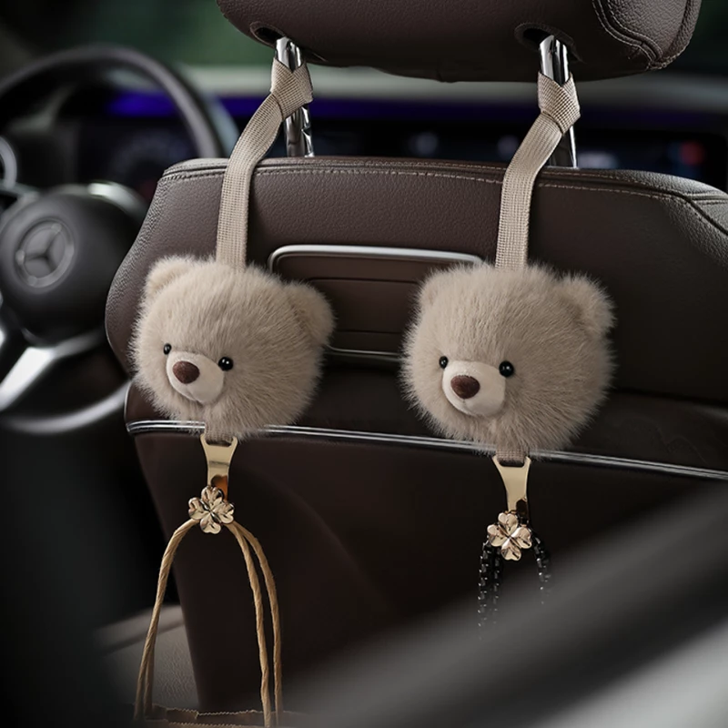 Plush Beige Bear Car Seat Hooks (2-Pack) – Faux Fur & Alloy Hardware, Seat Back Hanging Organizer Accessories
