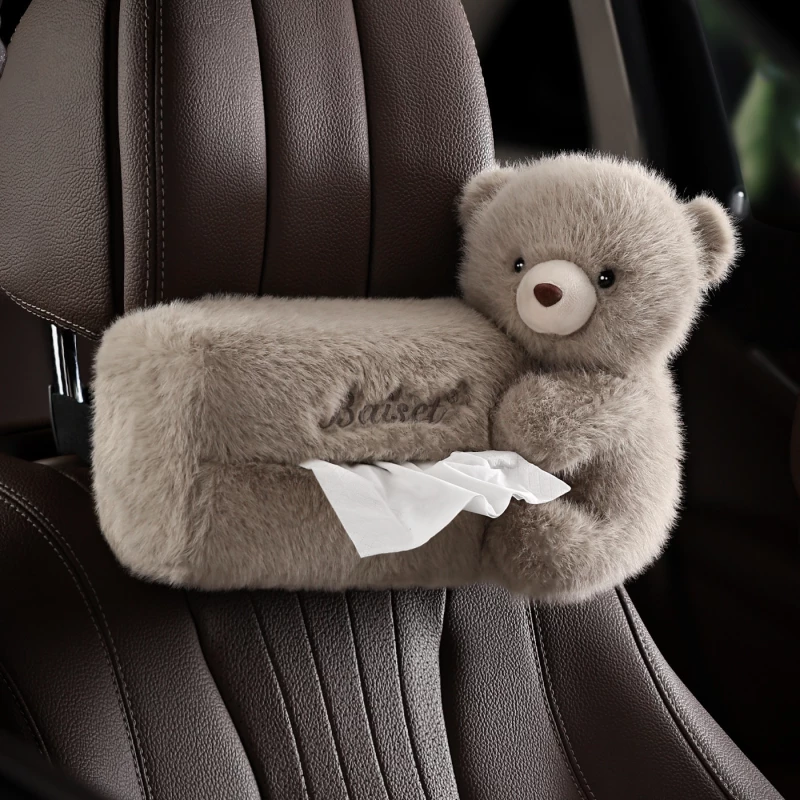 Plush Bear Car Tissue Holder – Soft Faux Fur, Vehicle Interior Organizer Accessory