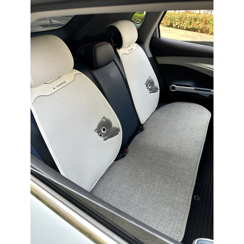 Cute Grey Cat Embroidered Car Rear Seat Cushions - Breathable Fabric Auto Seat Protectors