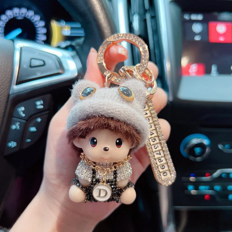 Plush Doll Car Keychain with Artificial Rhinestones - Decorative Alloy & Plastic Key Accessory