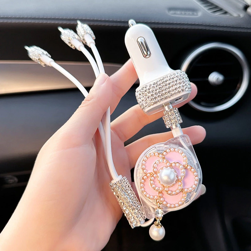 Decorative Car Charger Set with Artificial Rhinestones & Pearls - 3-in-1 USB Cable & Retractable Organizer