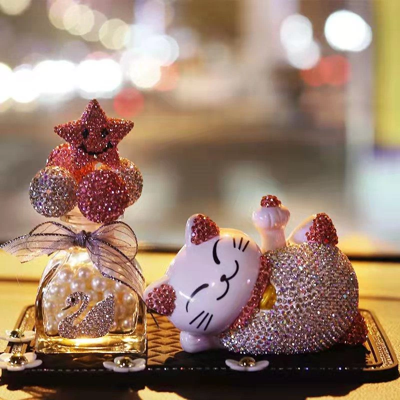 Artificial Rhinestone Decor Car Dashboard Set - Lucky Cat & Star Ornaments with Anti-Slip Mat
