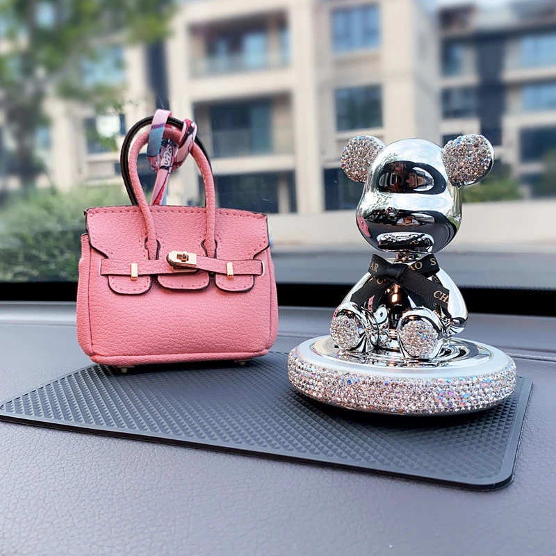 Artificial Rhinestone Car Dashboard Set - Teddy Bear & Balloon Ornaments with Anti-Slip Mat
