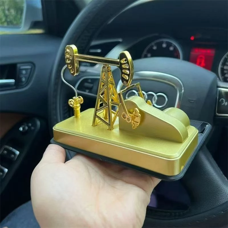 Gold Electroplated Oil Pump Car Dashboard Ornament - Decorative Alloy Vehicle Interior Accessory