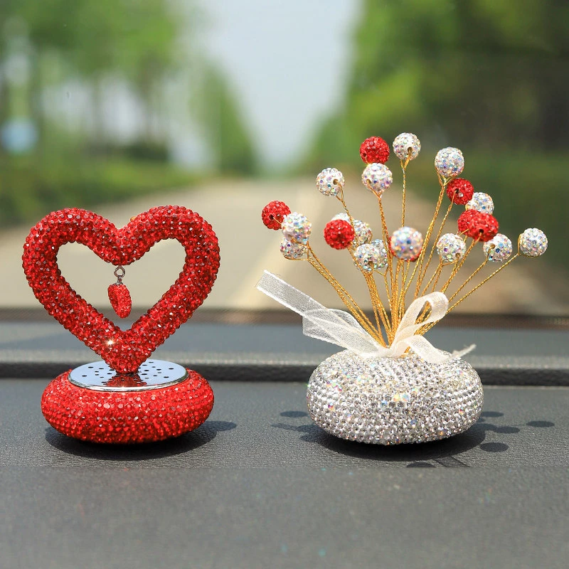 Artificial Rhinestone Car Dashboard Set - Heart & Bouquet Decor Ornaments