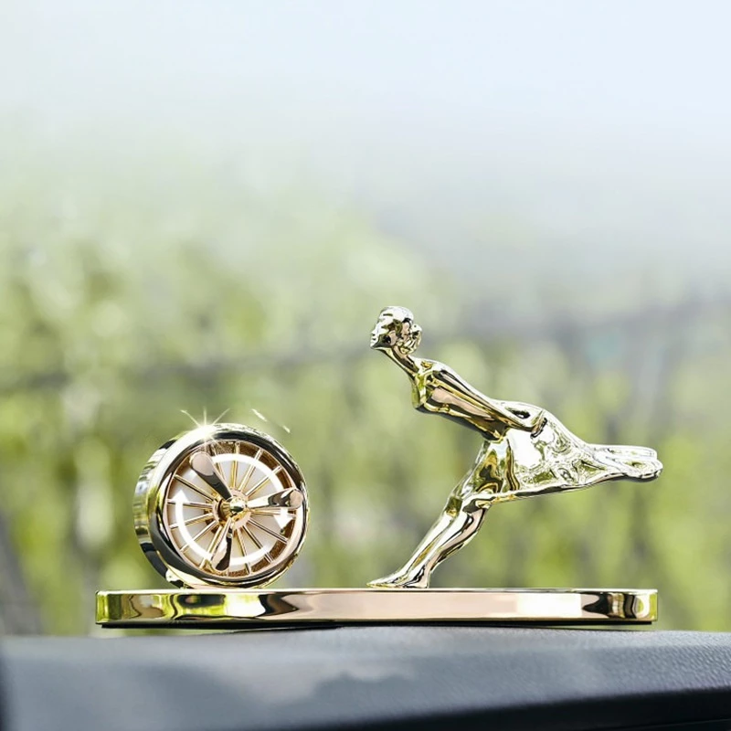 Gold Electroplated Figurine & Fan Car Dashboard Ornament - Decorative Alloy Vehicle Interior Accessory