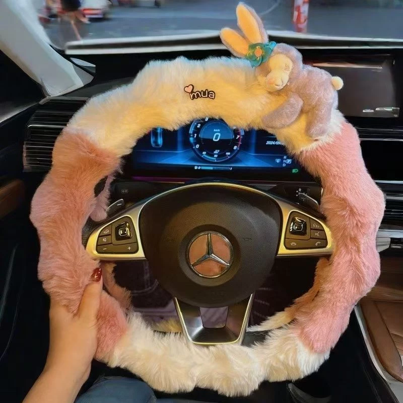 Color-Block Faux Fur Car Steering Wheel Cover - Bunny Plush Accent
