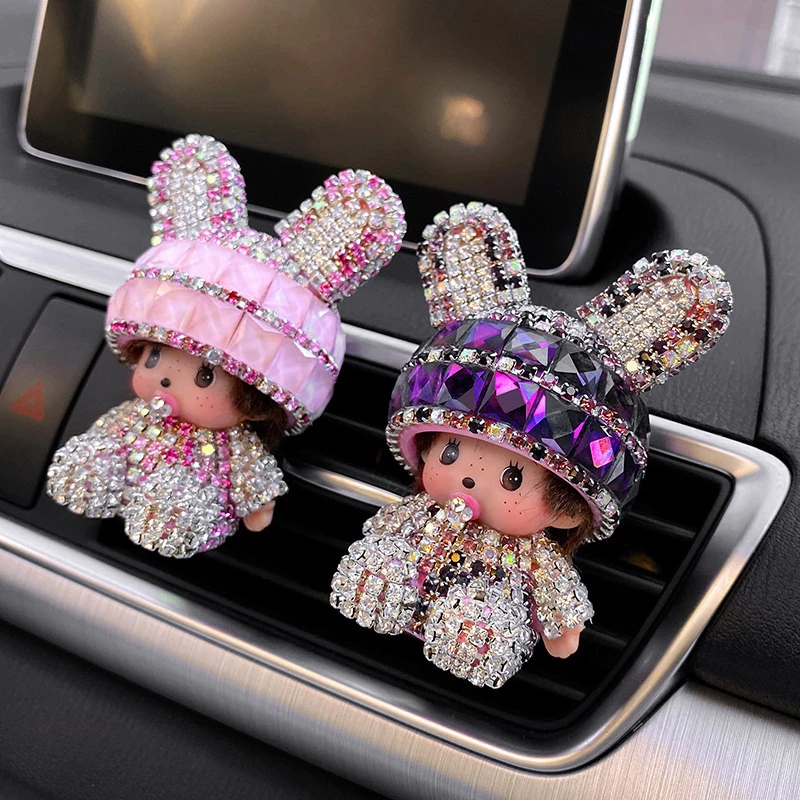 Artificial Rhinestone Bunny Doll Car Air Vent Decor - 2-Piece Set