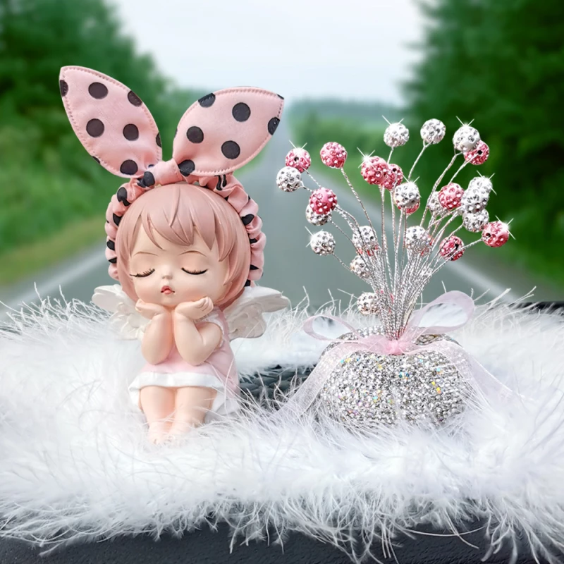 Bunny Doll & Rhinestone Bouquet Car Dashboard Set - Faux Fur Mat Decor