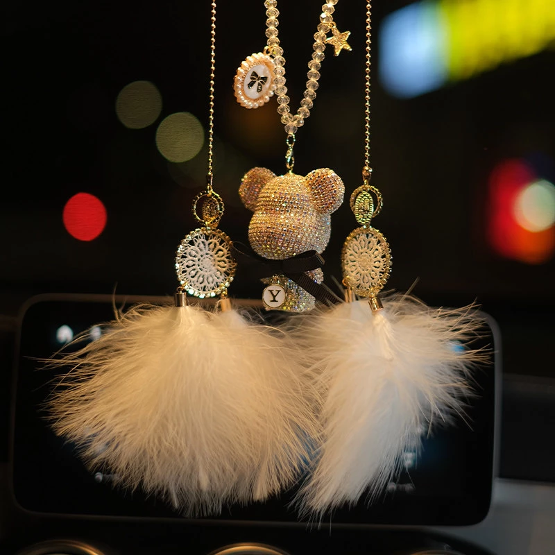 Artificial Rhinestone Bear Car Rearview Mirror Charm - Faux Fur Tassel Accent