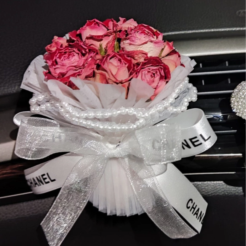 Preserved Rose Car Air Vent Decor - "JUST FOR YOU" Faux Pearl Accent Bouquet