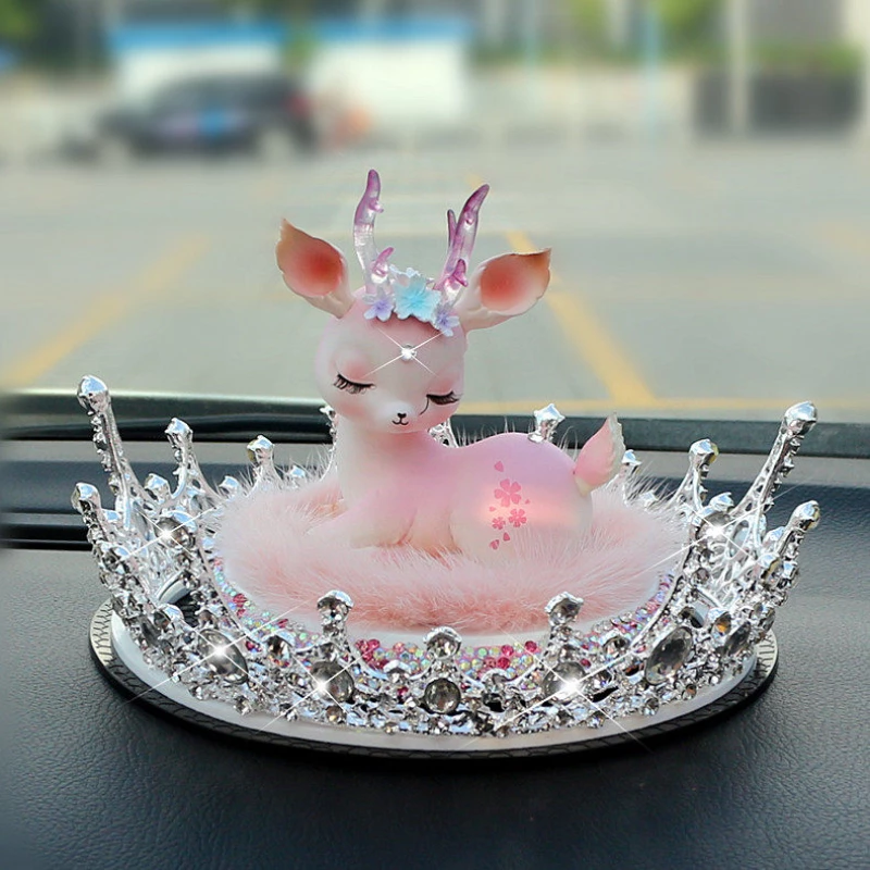 Artificial Rhinestone Deer Car Dashboard Ornament - Crown Base with Faux Fur Pad