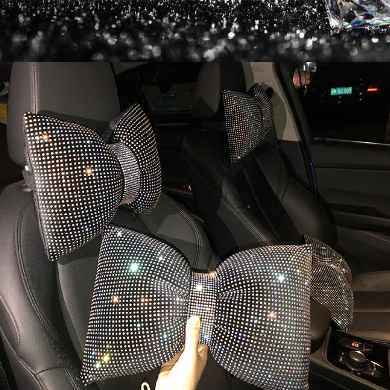 Artificial Rhinestone Bow Car Seat Accessory Set - Headrest & Backrest Decor