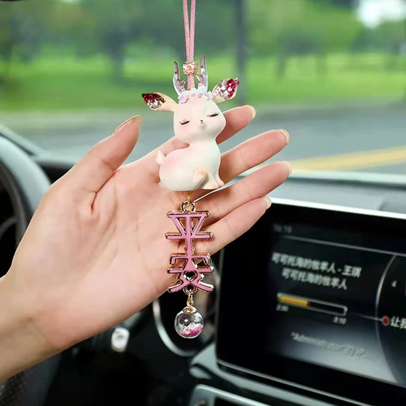 Artificial Rhinestone Deer Car Rearview Mirror Charm - Faux Fur Tassel & "Peace" Accent