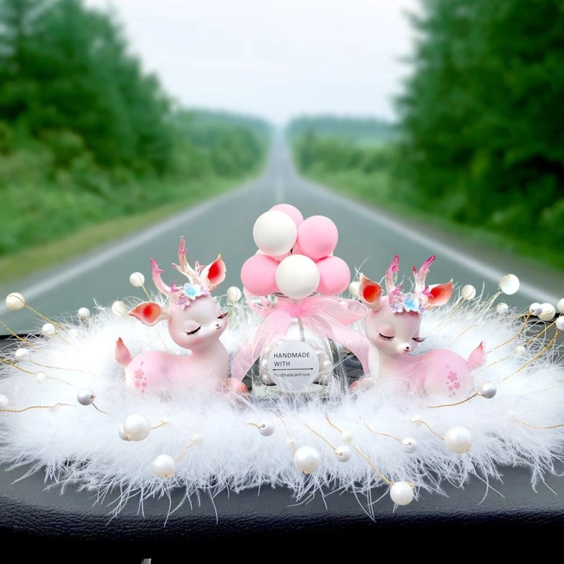 Twin Deer Car Dashboard Set - Artificial Pearl & Balloon Aroma Decor with Faux Fur Mat