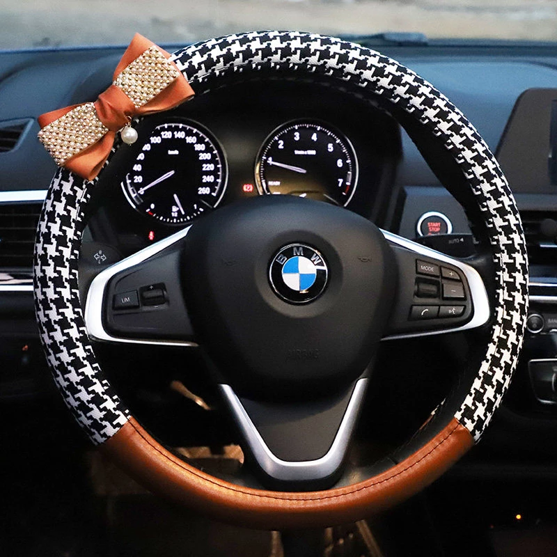 Houndstooth Pattern Car Steering Wheel Cover - Artificial Rhinestone Bow Accent