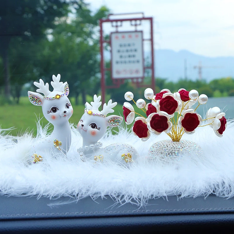 Twin Deer Car Dashboard Set - Artificial Rhinestone & Pearl Aroma Decor