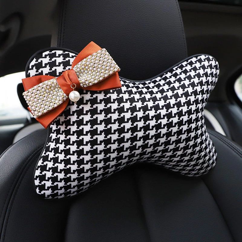 Houndstooth Pattern Car Neck Pillow - Artificial Rhinestone Bow & Faux Pearl Accent