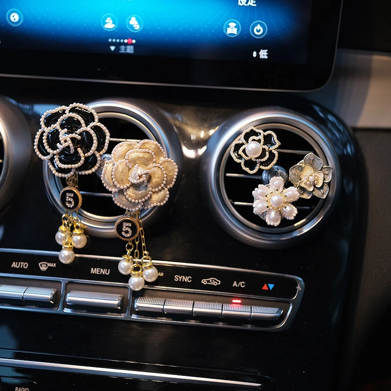 Floral Car Air Vent Decor Set - Artificial Pearl & Rhinestone Accent Clips
